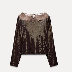NWT  Zara Brown Sequin Top with Lace Trim Size S